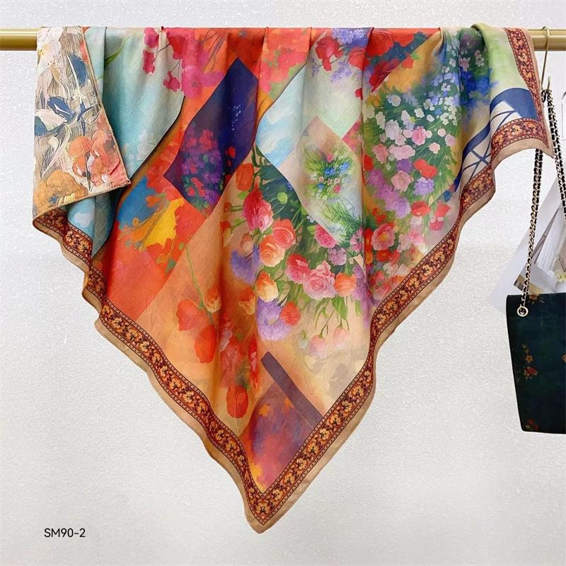 Double-Sided Faux Silk And Wool Printed Scarf For Women Spring And Autumn 90Cm Square Scarf Foulard Bandana Femmel Headscarf