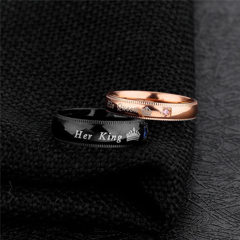 His Queen Her King Rhinestones Studded Crown Stainless Steel Ring For Lovers