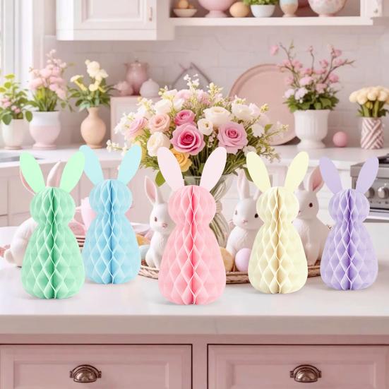 5 Pcs Easter Bunny Honeycomb Centerpiece 3D Paper Rabbit Ornament Spring Easter Party Table Decoration for Home Office Kitchen Decor