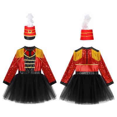 Kids Performance Costume Honour Guard Set Tutu Leotard with Feather Hat for Dress Up