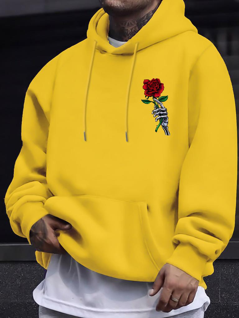 Men's Fashion Casual Streetwear for Autumn and Winter, Featuring A Warm Fleece Hoodie with A Rose Print and A Drawstring Hood.