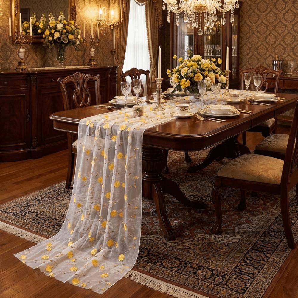 Semi-Transparent Tulle Table Runner 3D Embroidery Gauze Table Flag Kitchen Dining