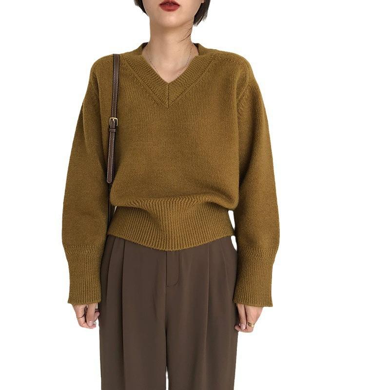 Solid Color Soft Waxy V-neck Sweater Women's Autumn and Winter Long-sleeved Outer Wear Pullover Top Bottoming Knitted Sweater