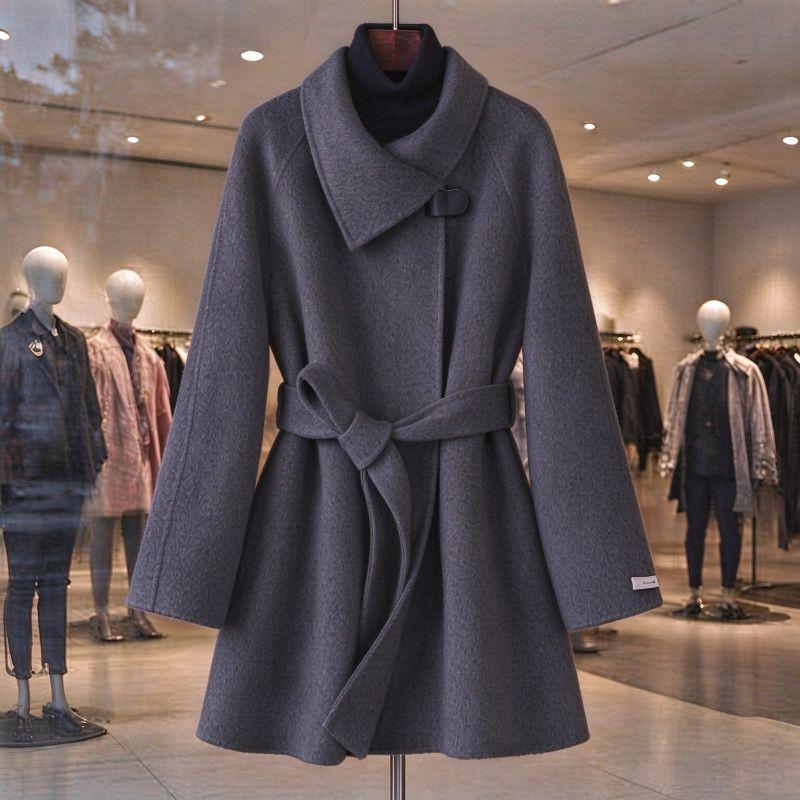 Elegant Double-Faced Velvet Wool Coat for Women: Fashionable, Slim-Fit, Tie-Front Jacket