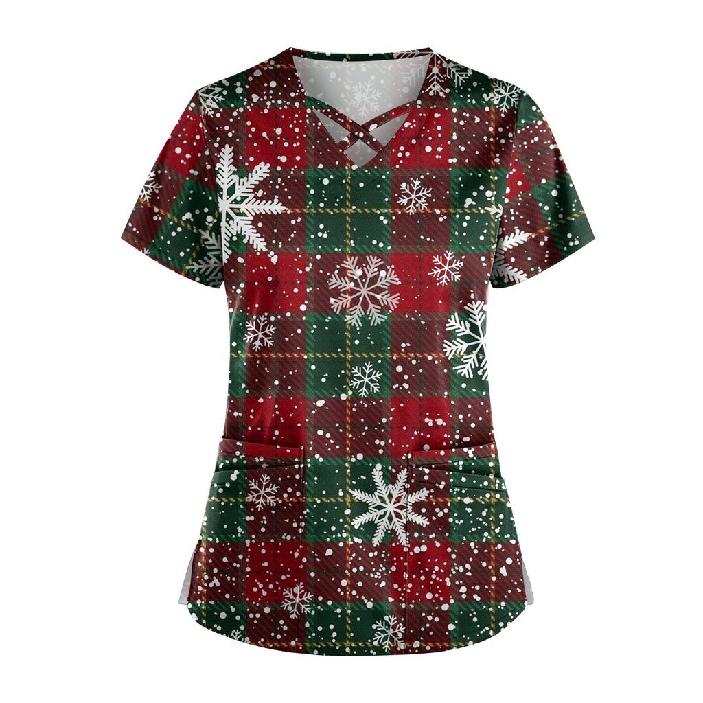 Damen Weihnachtsdruck Uniform Arbeitsuniform V-Ausschnitt Tasche Schutz Arbeitsuniform