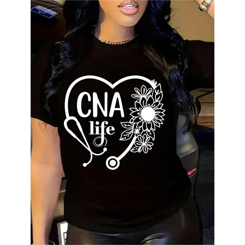 

Womens CNA Life Stethoscope Heart Graphic Tee Black Crew Neck Short Sleeve Casual Daily Professional Top S чёрный