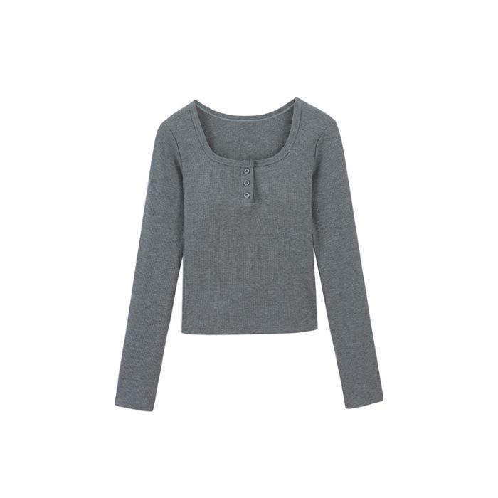 Women's Slim Fit Square Collar Long-Sleeved T-Shirt with Chest Pads for Autumn and Winter