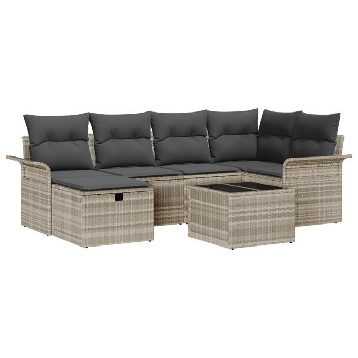 Ensemble de 7 Pièces de Canapé de Jardin avec Coussins en Poly Rotin Gris Clair, Canapé de Jardin 2 Places avec Rangement 3360223