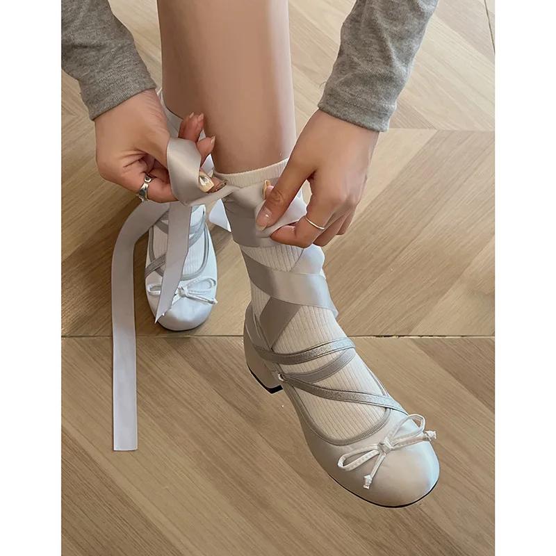 Fashion Women Square Toe Bow Ballet Dance Mary Jane Shoes Sandals Fashion Ankle Lace Up Dress Designer Casual Footwear Zapatos Mujer