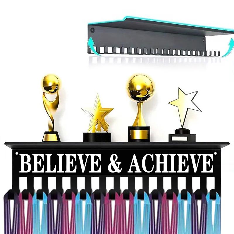 Metal Wall-Mounted Trophy & Medal Display Rack With "Believe Achieve" Motivational Sign Multi-Hook For Awards, Keys, Ribbons