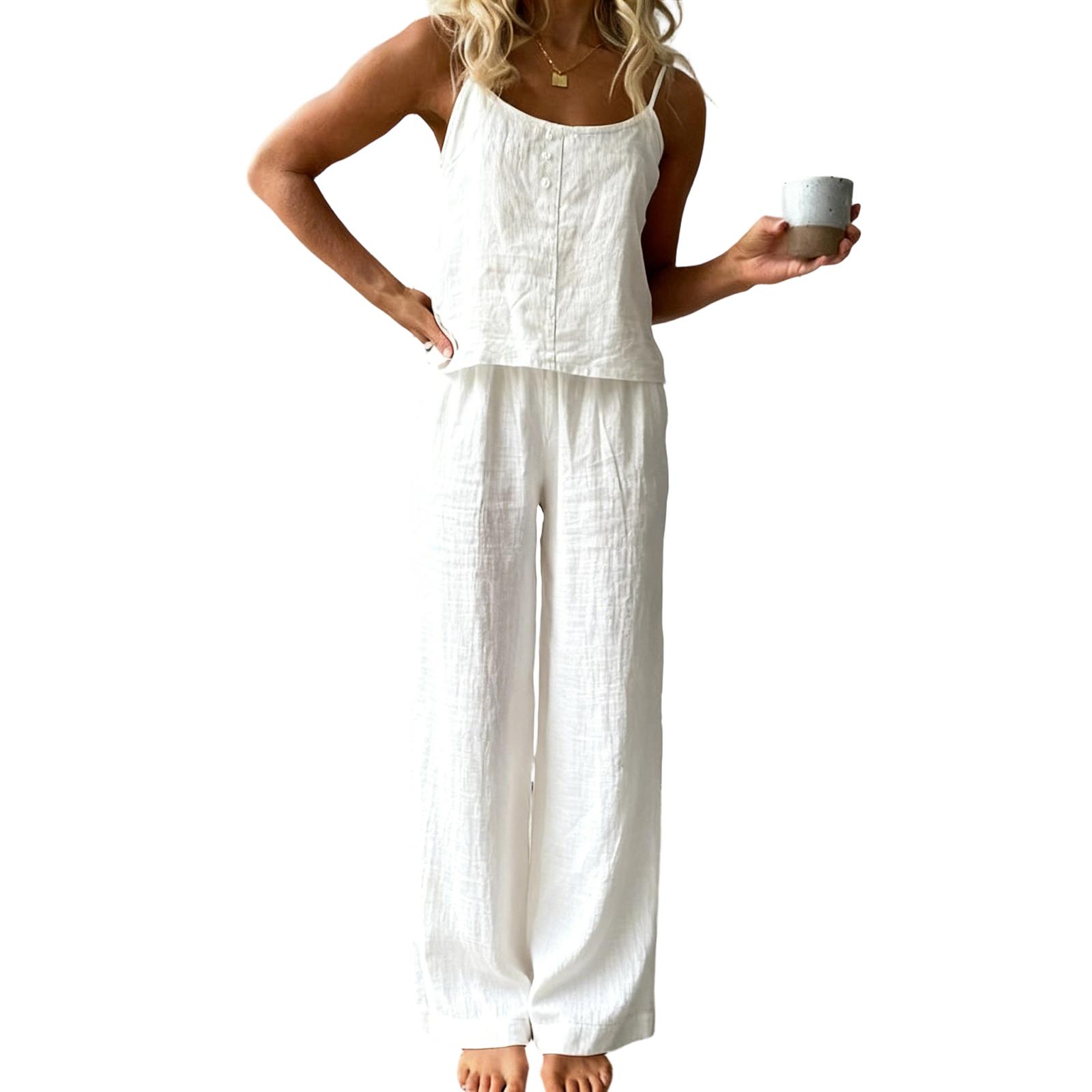 

Thin Sleeveless Camisole Pants Loose Fashion Cotton Linen Set S белый