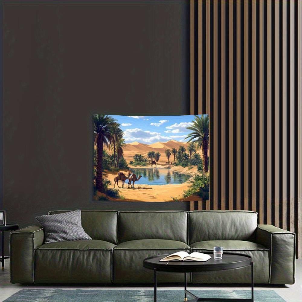 Desert Oasis Tapestry, Camels by Palm Tree Lagoon In Sand Dunes, Exotic Landscape Wall Art for Home Dorm Decor