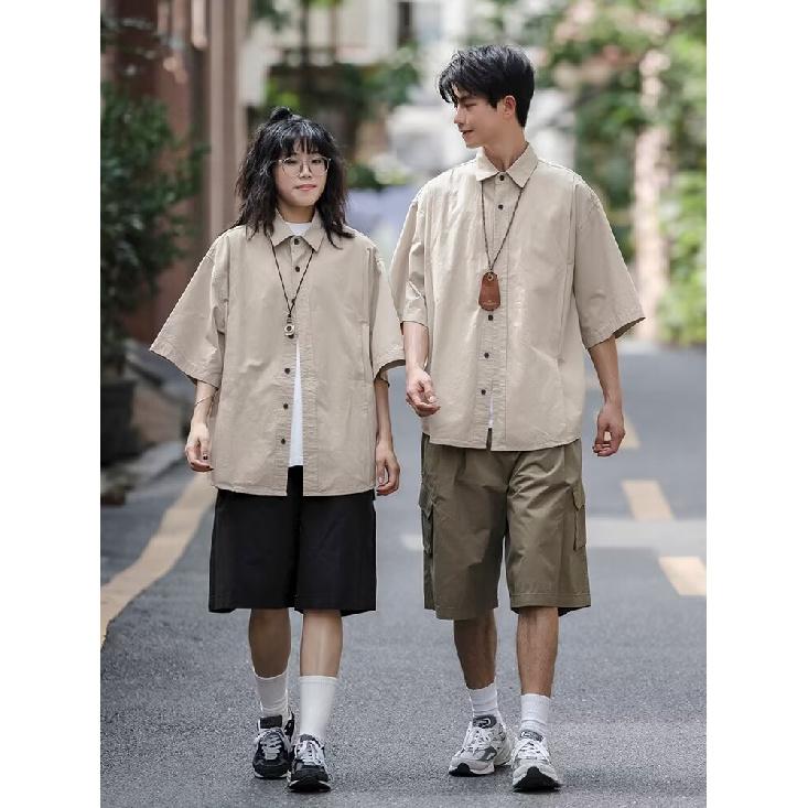 Hong Kong Style Retro Short Sleeved Shirt Men's Summer Japanese Loose Workwear Casual Five Quarter Sleeved Top Jacket