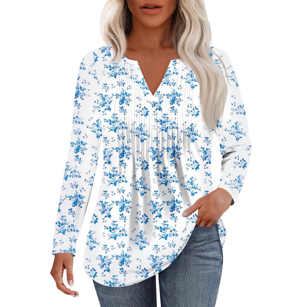 Women's Fashion Casual Pleated V Neck Solid Color Long Sleeve T-Shirt Elegant Tops