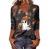 Women's Casual V-Neck 3/4 Sleeve Halloween Print Top for Party and Daily Wear