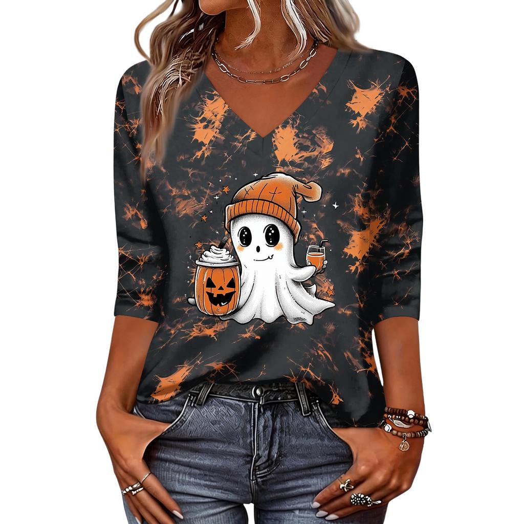 Women's Casual V-Neck 3/4 Sleeve Halloween Print Top for Party and Daily Wear