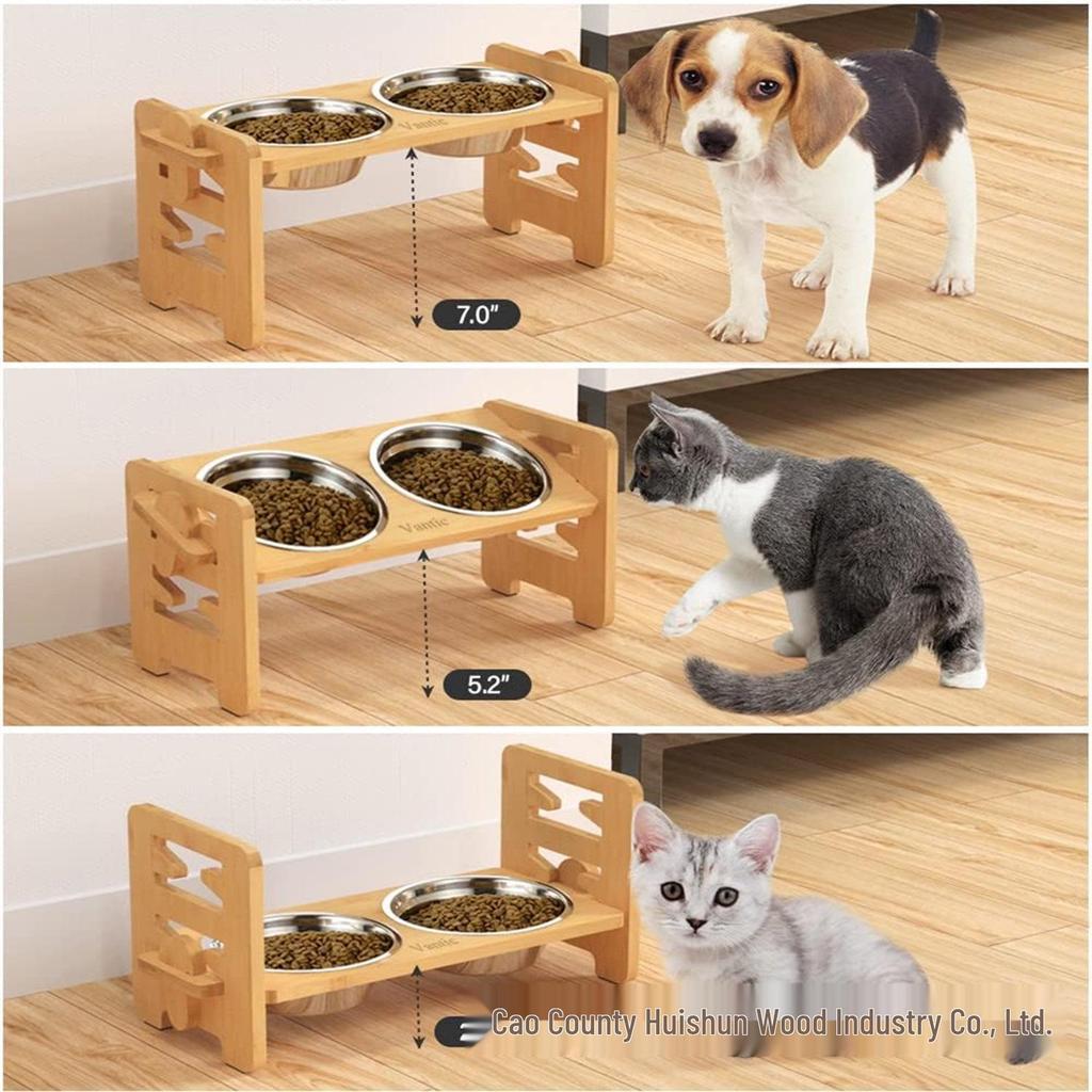 Adjustable Bamboo Wood Double Bowl Stand for Cats and Dogs - Elevate Pet Feeders for Neck Protection