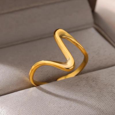 Vintage Geometric Wave Rings For Women Stainless Steel Gold Color Adjustable Rock Ring Aesthetic Wedding Jewelry Gift Bijoux