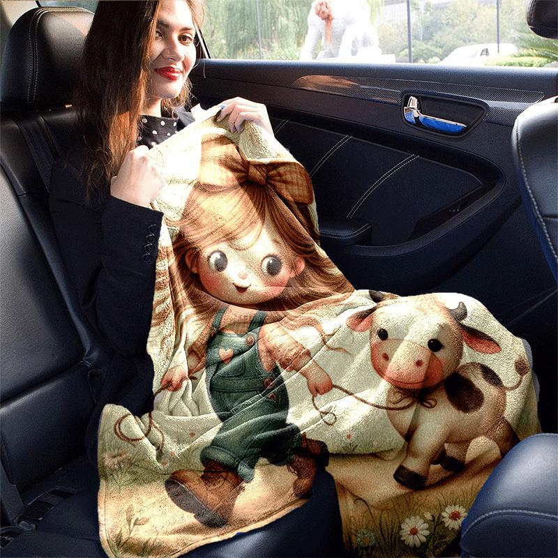 1pc Dairy Cow Printing Lightweight Flannel Blanket, Comfortable and Warm Blanket, for Camping Sofa Bed and Couch Office, In All Seasons