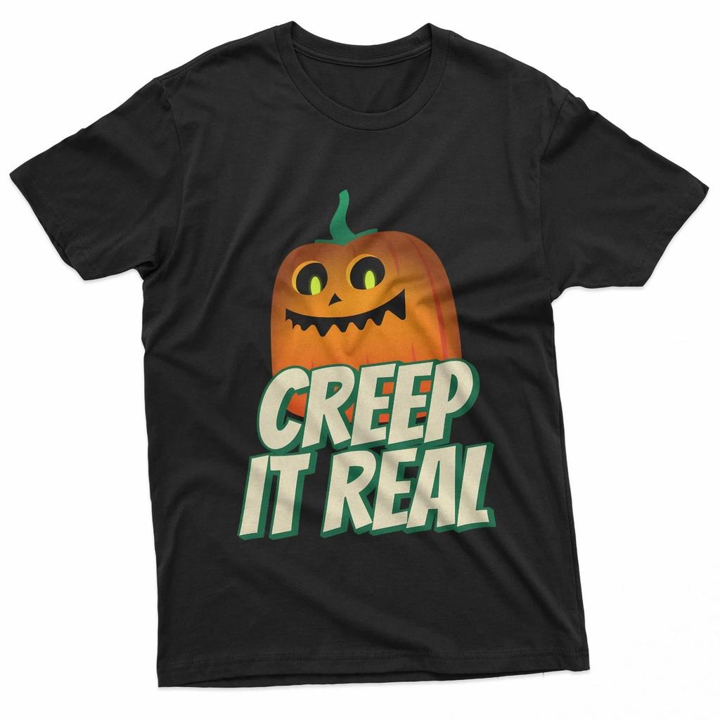 Creep It Real Funny Halloween Pumpkin 100% Cotton T-shirt Mens Tees Top