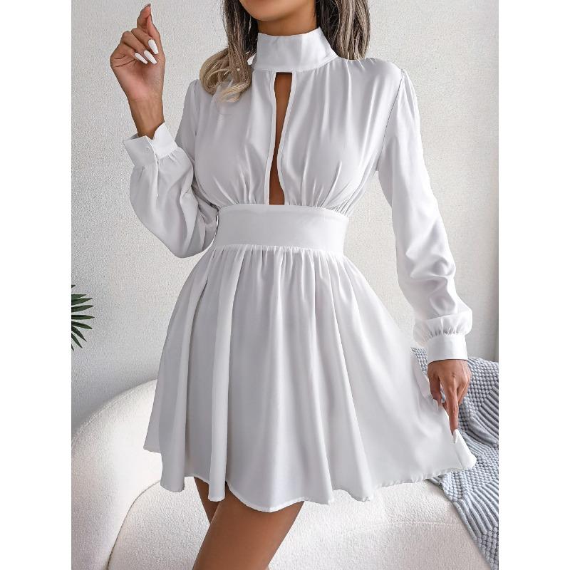 Spring and Summer Sexy Hollow Out A-line Party Short Dress Slim Waist Casual Turtleneck Long Sleeve Evening Dress Streetwear Solid Color Clothing