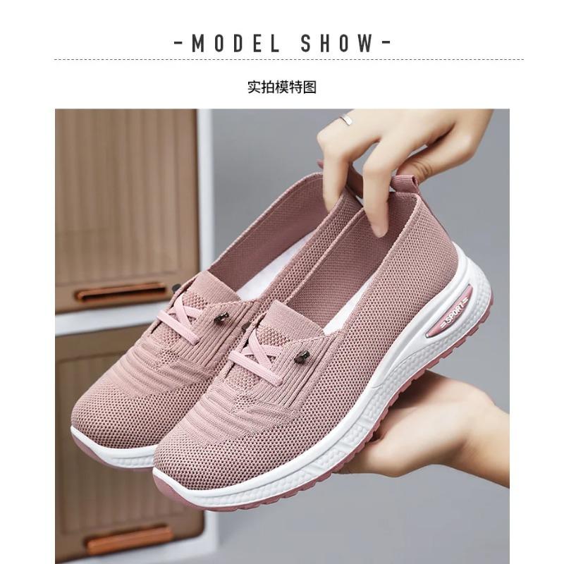 Women's Shoes New Styles Plus Size Casual Shoes Flyknit Breathable Mom Shoes Low-Cut Lightweight Flats Lace-Up Mesh Shoes