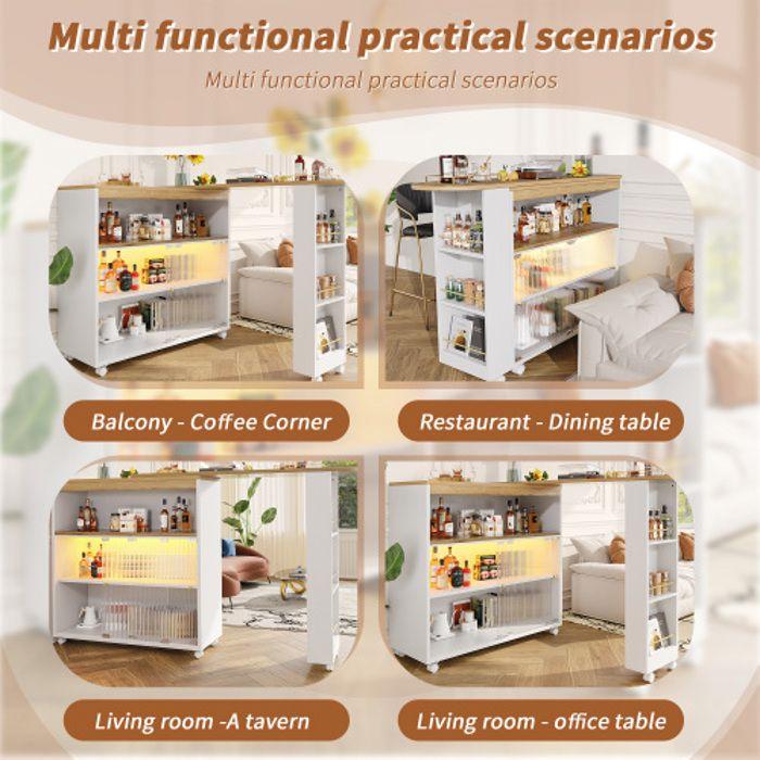 Bar Extensible - Moderne - LED Intégrée - Rangement Avec Portes En Verre - Blanc