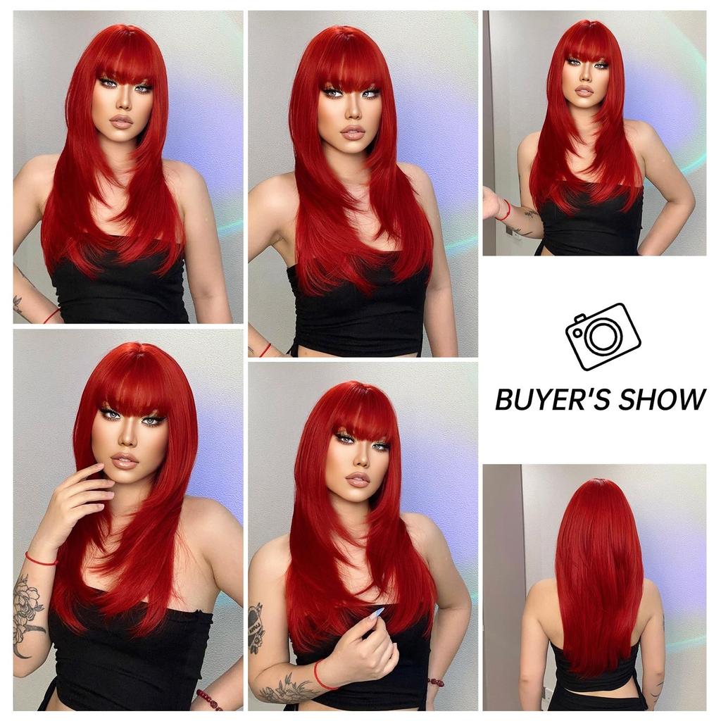 HAIRCUBE Červená rovná syntetická paruka pro ženy Dlouhá přírodní vrstvená paruka s ofinou Cosplay Party Paruka z tepelně odolných vláken