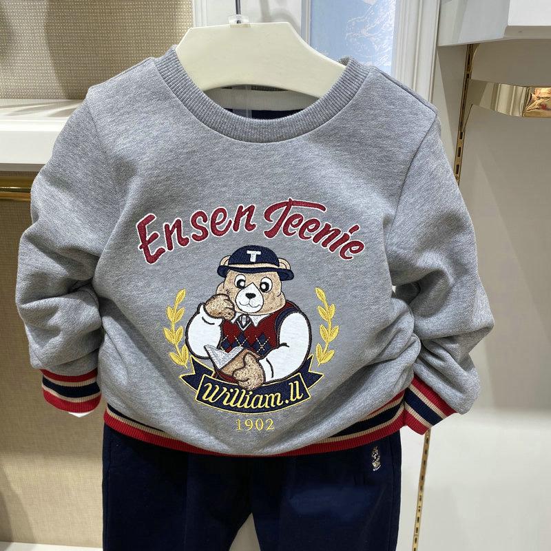 

Детский свитшот с вышивкой мультяшного медведя - Весенне-осенний универсальный топ с круглым вырезом 130 cm серый