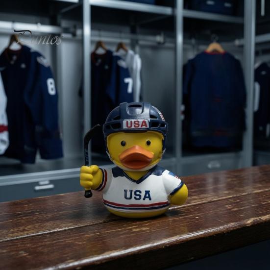 Niche Sports Event Peripheral Hockey Player Rubber Duck Resin Figurine, Statue with Complete Helmet Sturdy Sculpture Stick Jersey Gear, Weatherproof