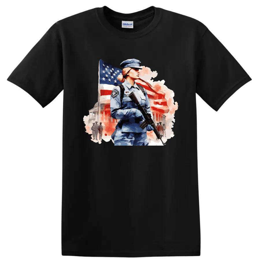 Police Woman T Shirt USA Flag Proud Service Tee Armed Forces Support