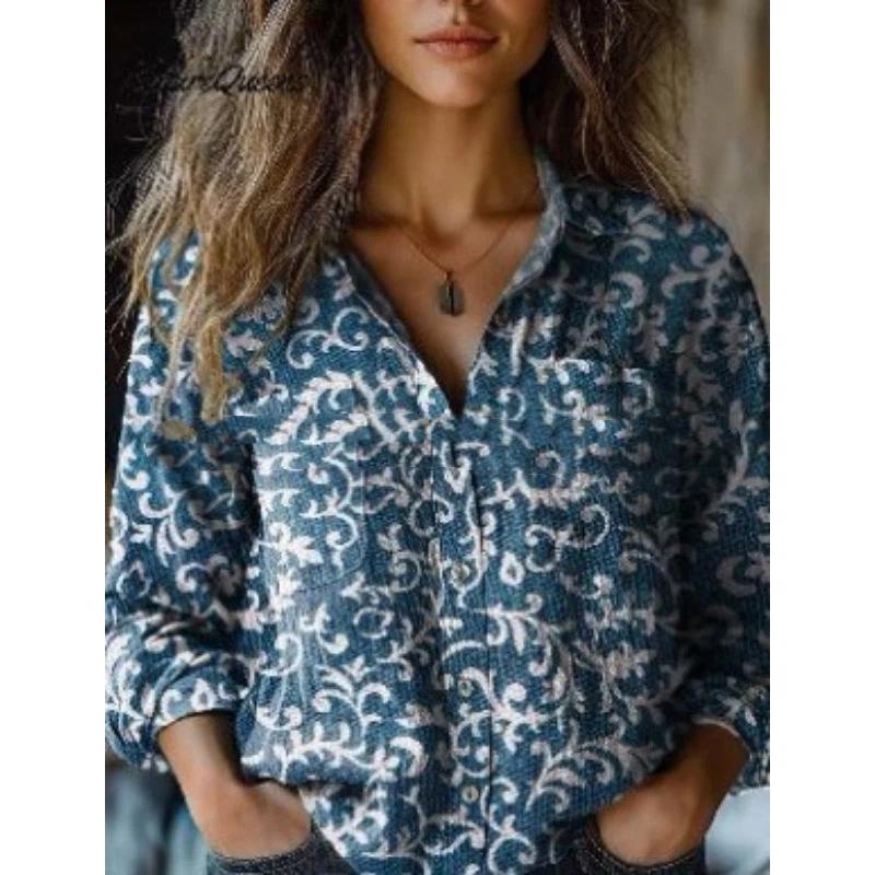 Women Vintage Floral Print V Neck Ruffle Collar Long Sleeve Button Down Blouse With Pockets