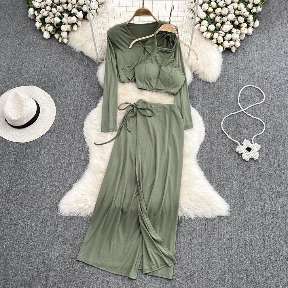 Fashion Suit Female Halter Camisole Three-Piece Set V-Neck Shawl Coat High Waist Split Skirt Autumn