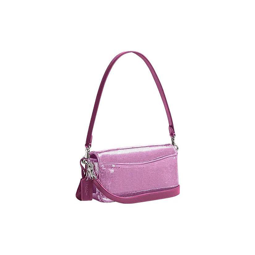 Coach Studio 20 Logo Large Sequin Flap Lock Leather Baguette Crossbody Bag Small Women bags Deep-Magenta CM428-LHOVU