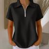 Women Tops Lapel Short Sleeve Zipper Half Placket Shirt Tops Pure Color Waffle Texture Loose Fit Casual Shirt Home Dates Versatile Wear
