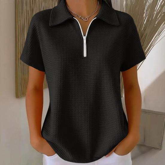 Women Tops Lapel Short Sleeve Zipper Half Placket Shirt Tops Pure Color Waffle Texture Loose Fit Casual Shirt Home Dates Versatile Wear