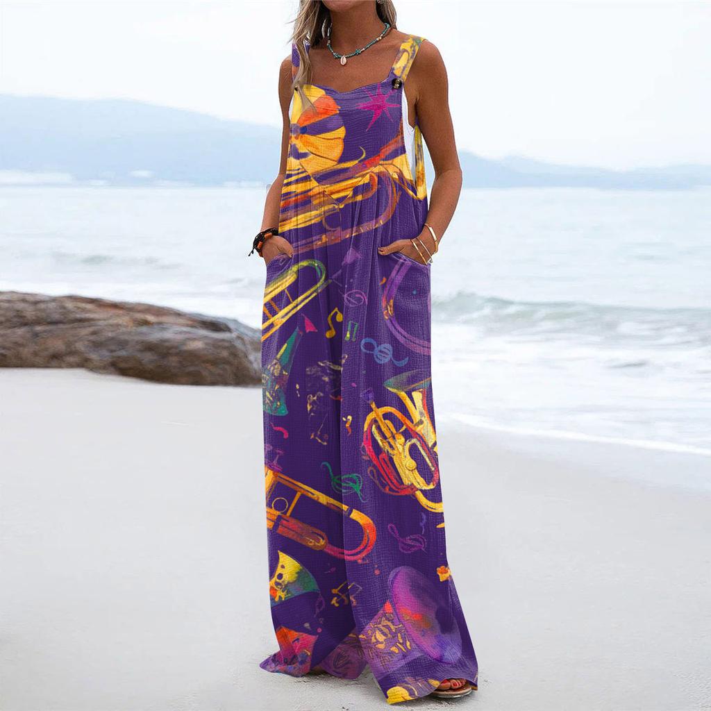 Wide Leg Overalls For Women Casual Loose Sleeveless Print Button Long Pant Romper Jumpsuit With Pockets