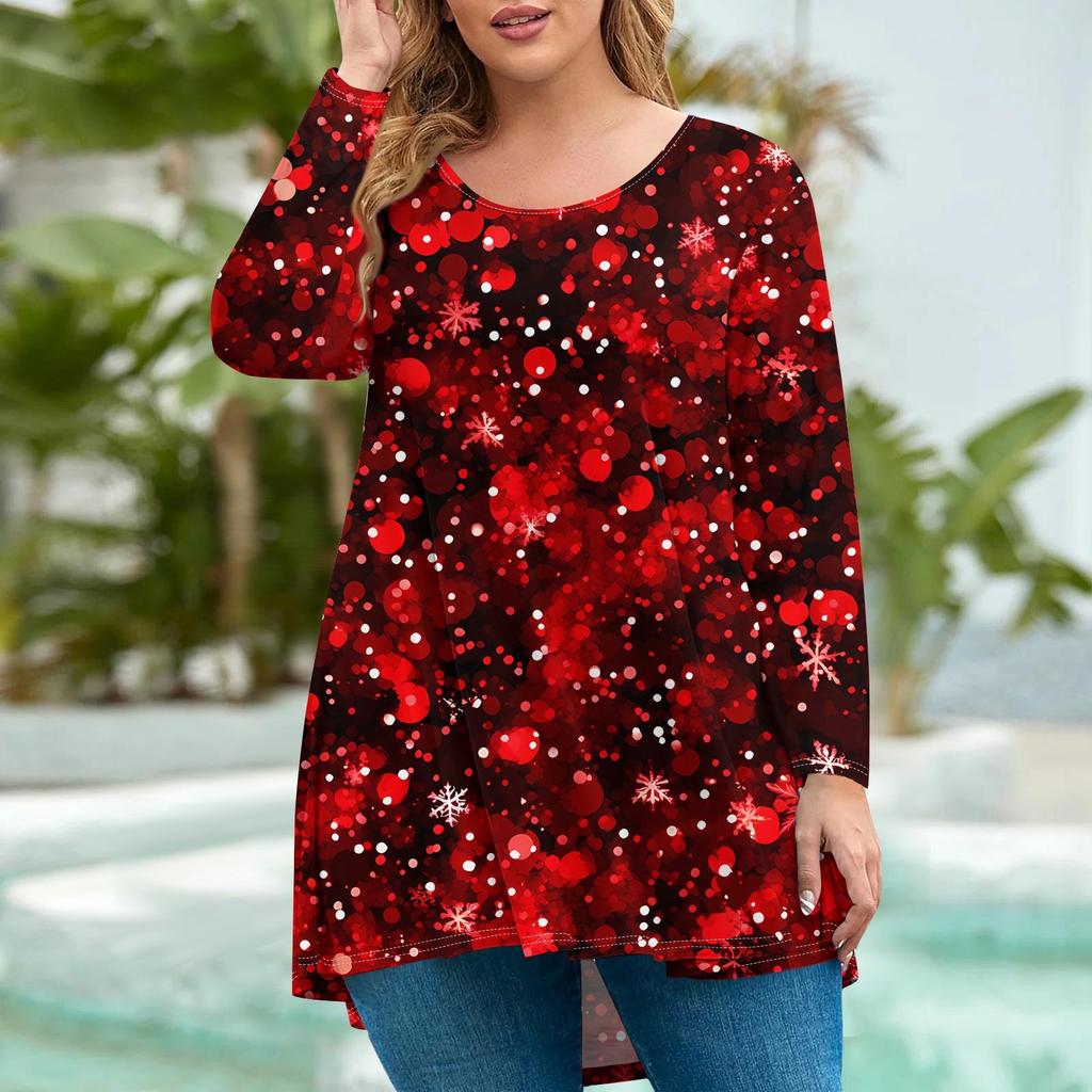 Damenmode Große Größe Rundhals Langarm Lässig Weihnachtsdruck Lose Pullover Top