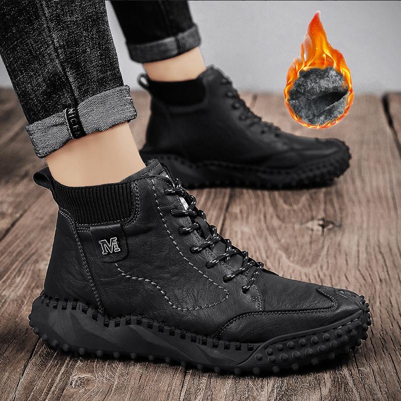 Mens Classic Winter Men's Boots Real Leather Plush Warm Men's Snow Boots Waterproof Outdoor Roman Men Work Boots Men Motorcycle Boots