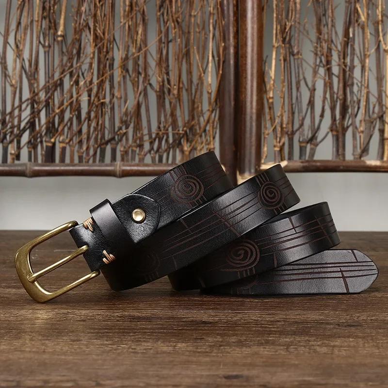

3,3 см ремни из натуральной кожи высокого качества из натуральной кожи для мужчин и женщин, фирменный ремень с мужской пряжкой из латуни, ковбойский тисненый ремень 125cm чёрный