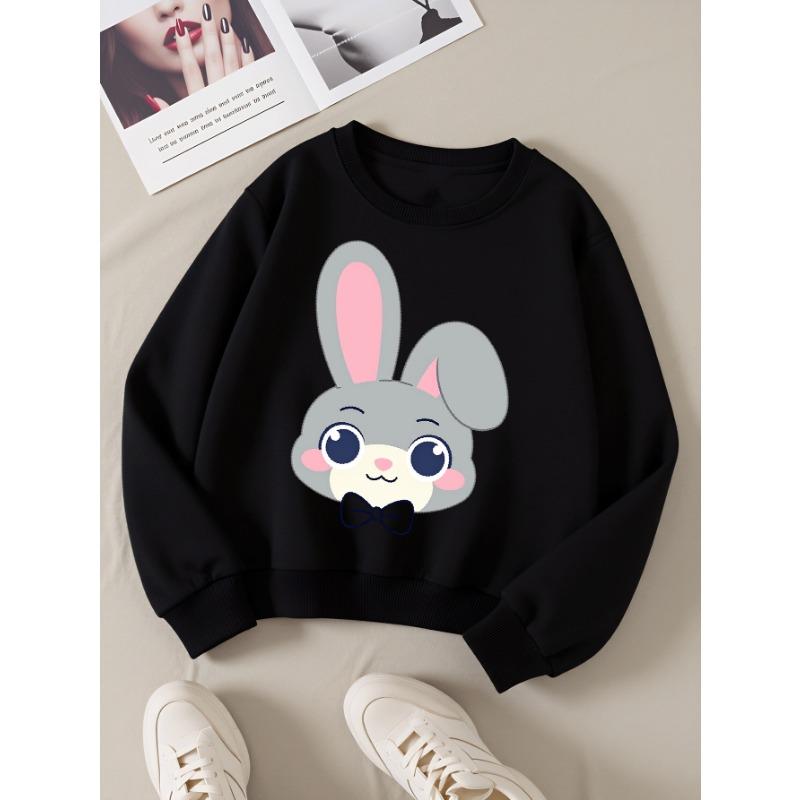 European sizes Girls' Round Neck Sweatshirt, Casual Printed Pullover, Cute Gray Bunny with Bow Tie, Autumn And Winter Warm Fashion Top.