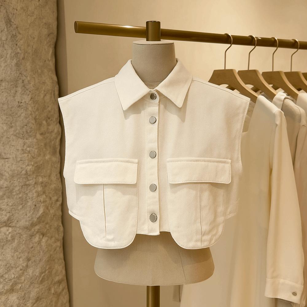 with Large Pocket Female Short Blouses Sleeveless Loose Denim Shirts Cropped Denim Shirt  Summer