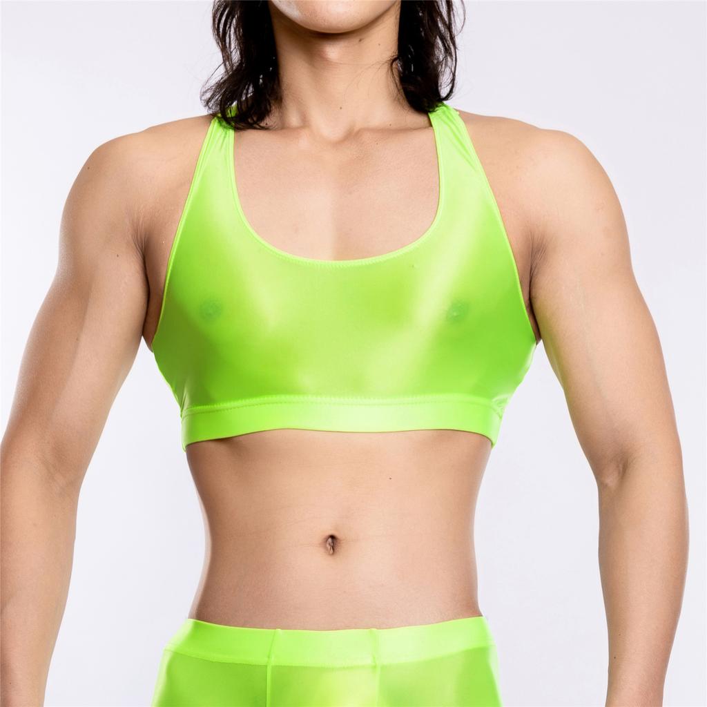 Sexy Men Stain Thin Sleeveless Tank Tops Oil Glossy Shiny Elastic Short Vest Sexy Tights Sheer See Through Top Candy Color