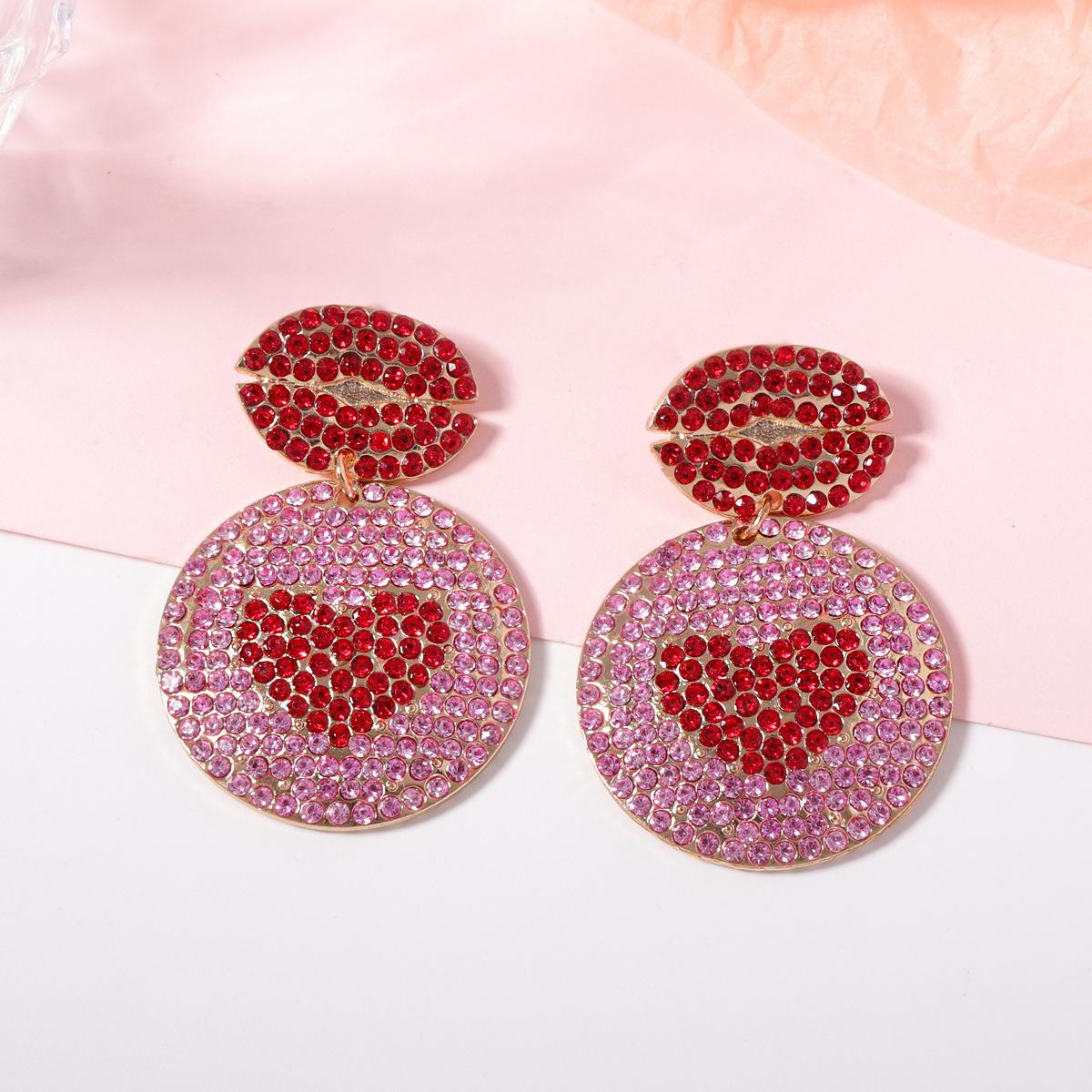 

Valentine s Day new simple fashion alloy full diamond geometric lip red earrings, niche versatile women червоний