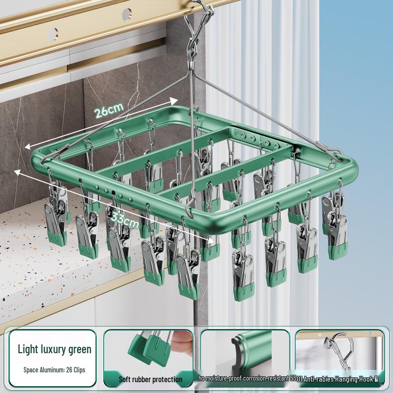 Aluminum Alloy Windproof Sock Drying Rack with Multi-Clip and Stainless Steel Underwear Hanger