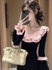 Chic Black Knit Dress with Lace Collar and Bell Sleeves - Women's 2025 Autumn/Winter Waist-Cinched Short Skirt