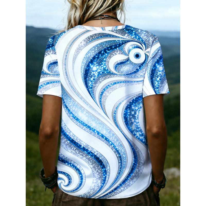 Plus Size Women's 2026 Summer New 3D Print V-Neck Short Sleeve T-Shirt, Slimming Loose Fit Versatile Casual Top, No Accessories Included
