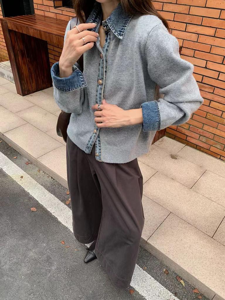 Japan and Korea splicing denim design sense knitted cardigan 1011 autumn and winter new loose casual sweater jacket women's clothing