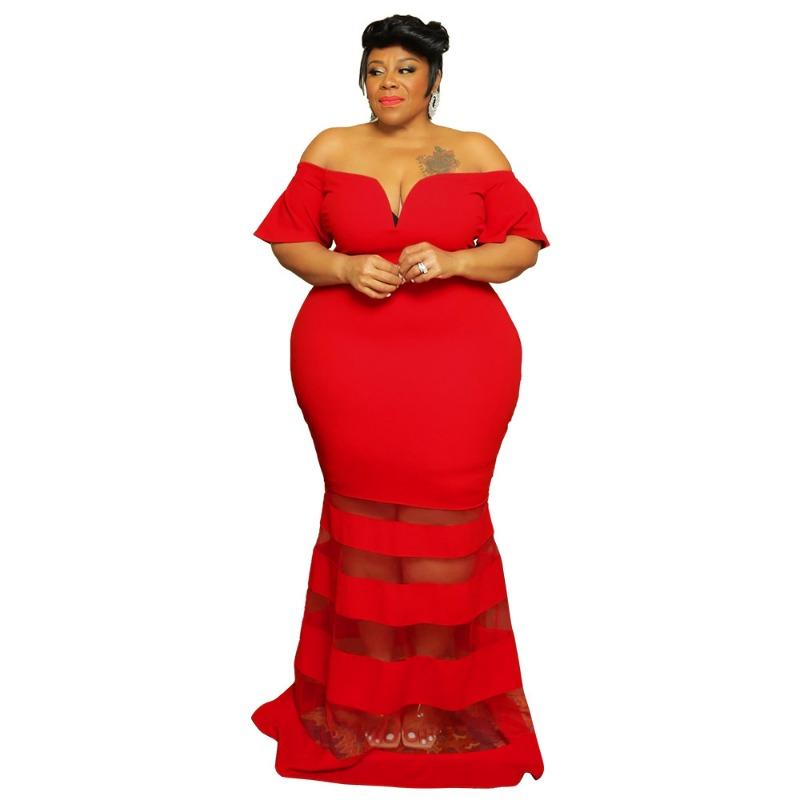 Plus Size Black Off Shoulder Ruffle Mesh Insert Bodycon Maxi Dress
