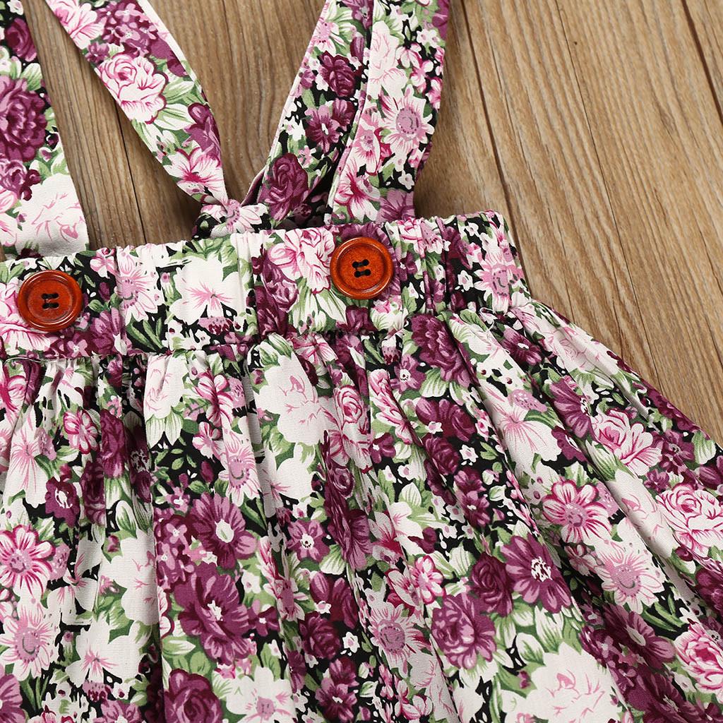 Toddler Long Sleeve Romper+Floral Print Suspender Skirts Outfits